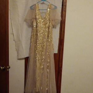 Gold Sequin Evening Dress with Sheer Sleeves